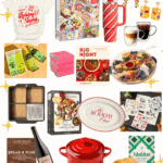 A collage displaying 16 holiday hostess gift ideas, including a "Full of Holiday Spirit" t-shirt, a colorful puzzle, a red and white striped travel mug, cocktail mixers, an ice cube mold, a charcuterie board with a cover, a cookbook, a bottle of red wine, a mini Le Creuset pot, a holiday-themed platter, a box of Table Topics cards, a sea salt package, and clear coffee mugs. The text reads "16 MUST-HAVE HOLIDAY HOSTESS GIFTS 2025."
