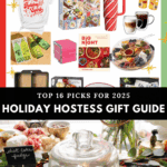 A collage showcasing 16 holiday hostess gift ideas at the top, including a festive t-shirt, puzzle, travel mug, ice cube mold, cocktail mixers, and cookbooks. The bottom half features a photo of a holiday party spread with a cheese and charcuterie board and a covered glass stand displaying squares of "diet coke fudge." The text reads "16 MUST-HAVE HOLIDAY HOSTESS GIFTS 2025" and "TOP 16 PICKS FOR 2025 HOLIDAY HOSTESS GIFT GUIDE."