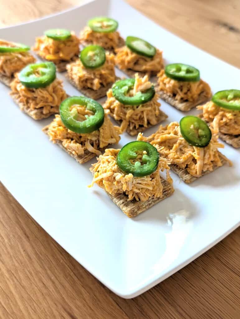 Easy Buffalo Chicken Dip Bites Recipe {On Crackers} with jalapenos