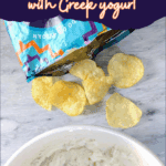 Greek yogurt onion dip with greek yogurt chips.