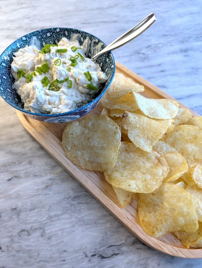 Homemade Greek Yogurt Onion Dip Recipe {High Protein} with chips on platter