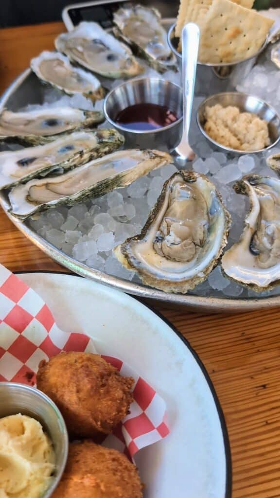 Leon's Oyster Shop with oyster platter and hush puppies
