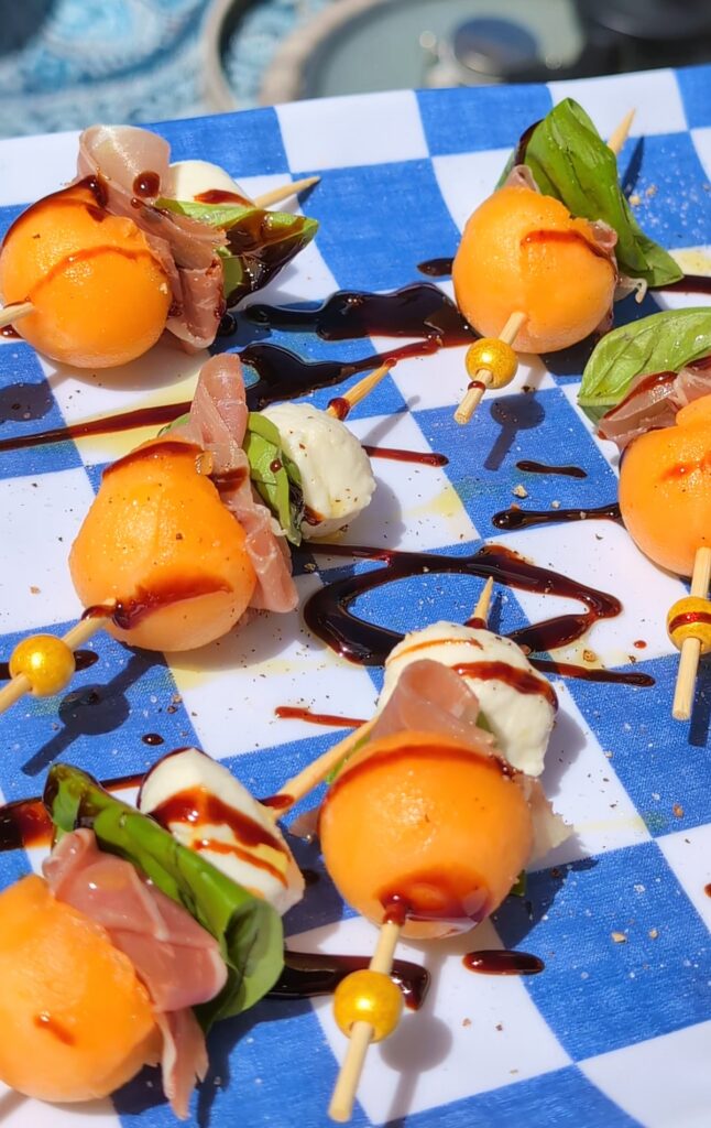 Melon and Prosciutto Skewers with mozzarella