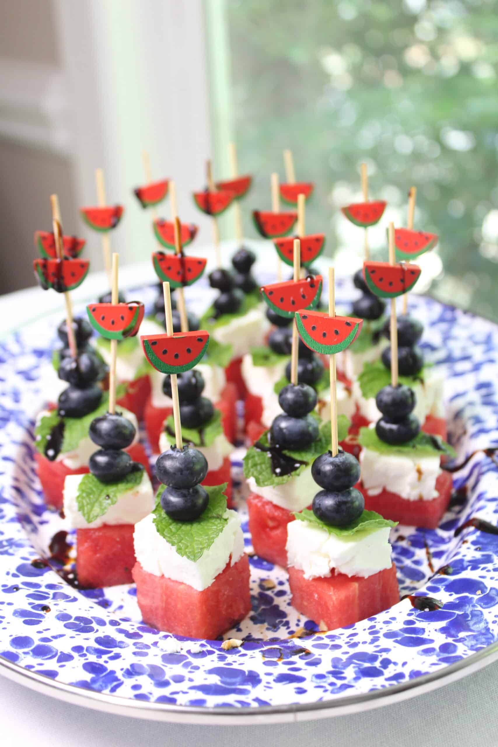 watermelon feta bites with blueberries and mint