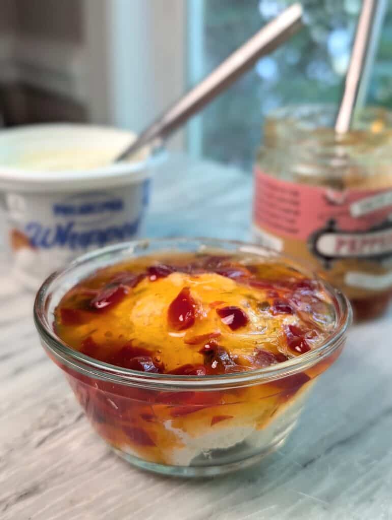 Pepper Jelly Dip final product for sweet potato waffle fries