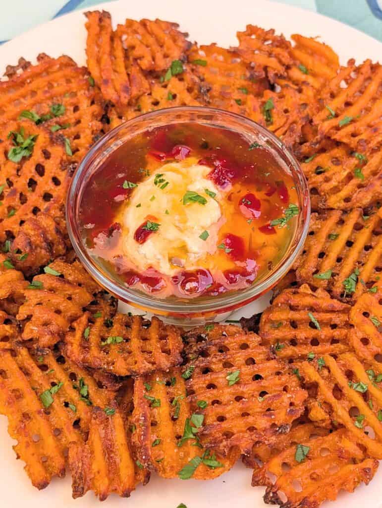 Sweet Potato Waffle Fries with Pepper Jelly Dip close up