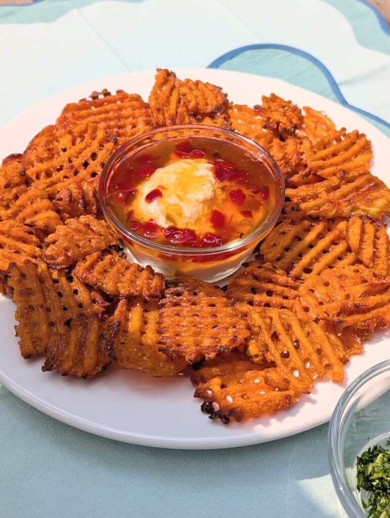Sweet Potato Waffle Fries with Pepper Jelly Dip with cream cheese