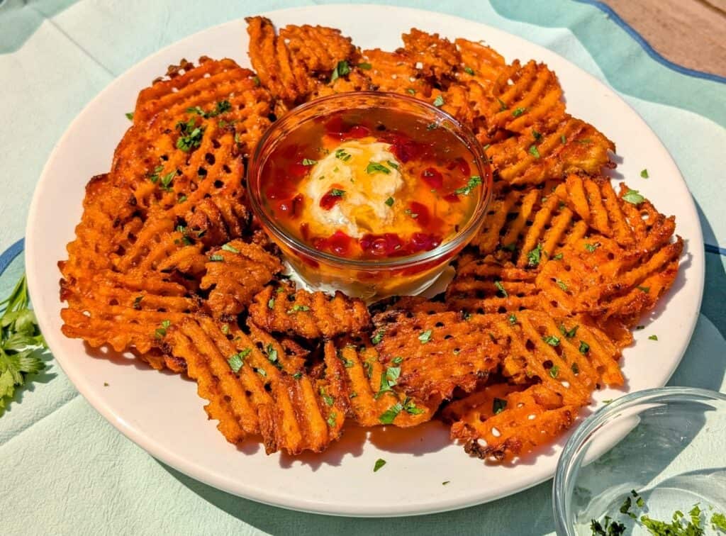 Sweet Potato Waffle Fries with Pepper Jelly Dip