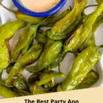 roasted shishito peppers with sriracha mayo dip on a white plate, perfect for snacks or appetizers