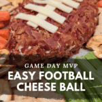 Cheddar bacon ranch cheese ball, molded like a football, ready to serve.