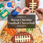 party spread with a unique football-shaped cheese ball plus an ingredient and process shot