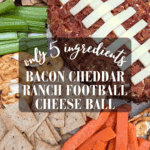Delicious 5-ingredient football cheese ball appetizer with bacon, crackers, and vegetables.