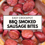 A close-up BBQ-coated smoked sausage beef bites