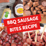 A simple and delicious crockpot recipe for BBQ smoked sausage bites, served in a bowl. Images showing ingredients and process shots.