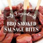 Close-up of smoked sausage bites smothered in barbecue sauce, highlighting the savory flavor and tender texture of the sausages