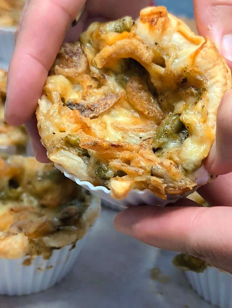 close up of Mini Green Bean Casserole Cups Recipe {So Easy}