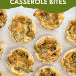 Homemade mini green bean casseroles in puff pastry shells, perfect for individual servings at a holiday or Thanksgiving meal.