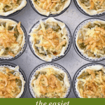 Muffin tin filled with unbaked, ready-to-bake individual green bean casserole portions wrapped in pastry.