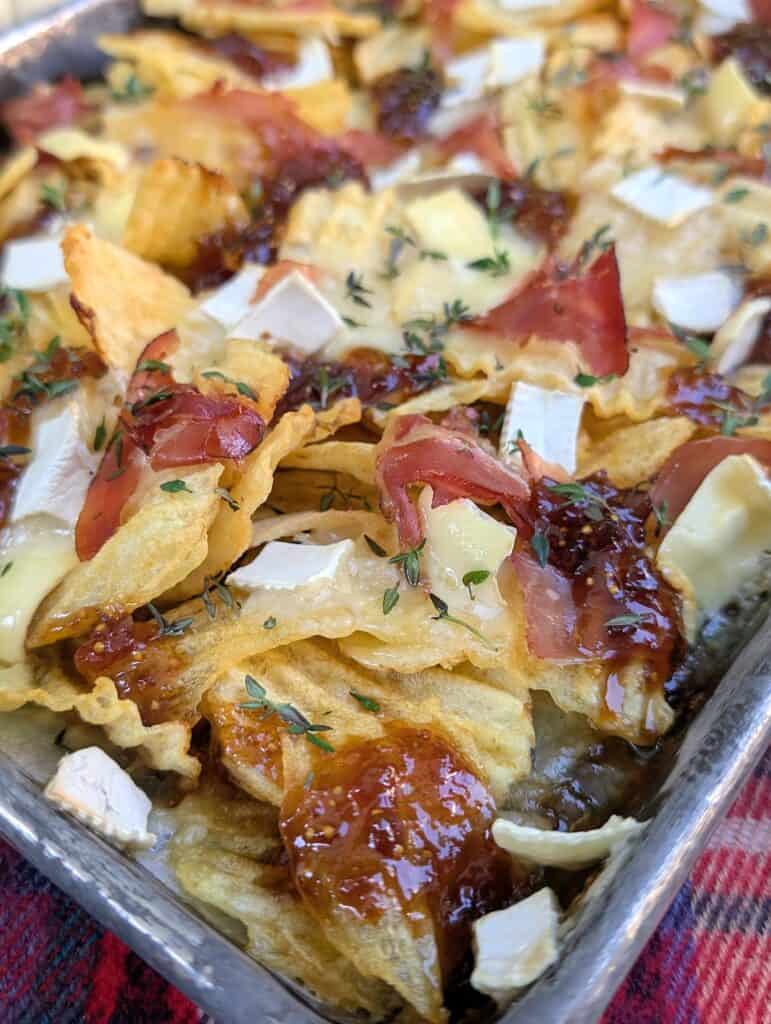 Potato Chip Charcuterie Board Nachos {Brie & Fig Jam} on cookie sheet ready to eat