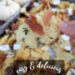 Close-up of a chip holding a melted piece of Brie, a dab of fig jam, and a curl of prosciutto, garnished with fresh thyme.