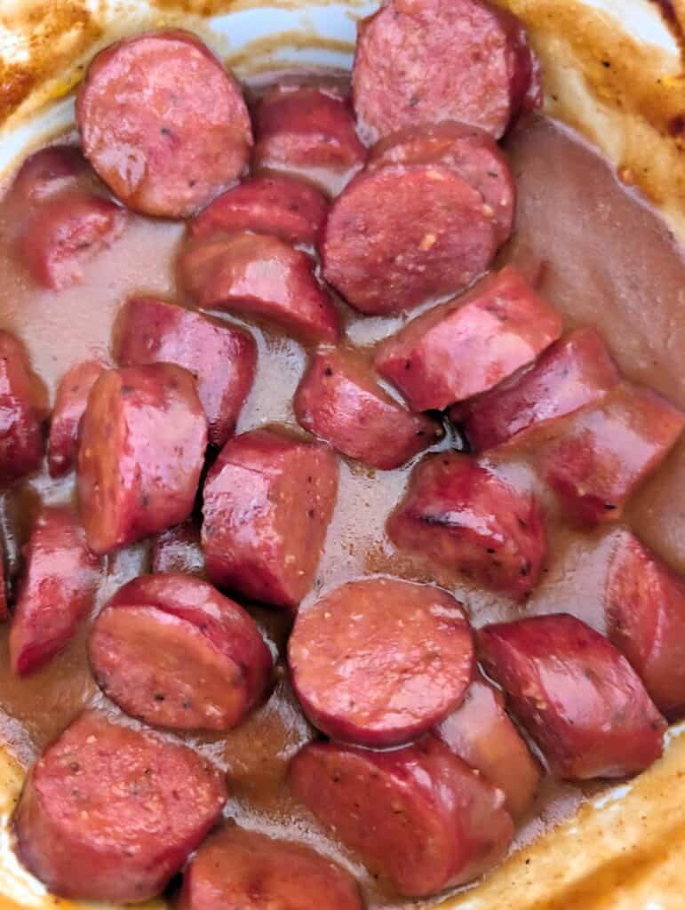 close up of Smoked Sausage Beef Bites in the crockpot