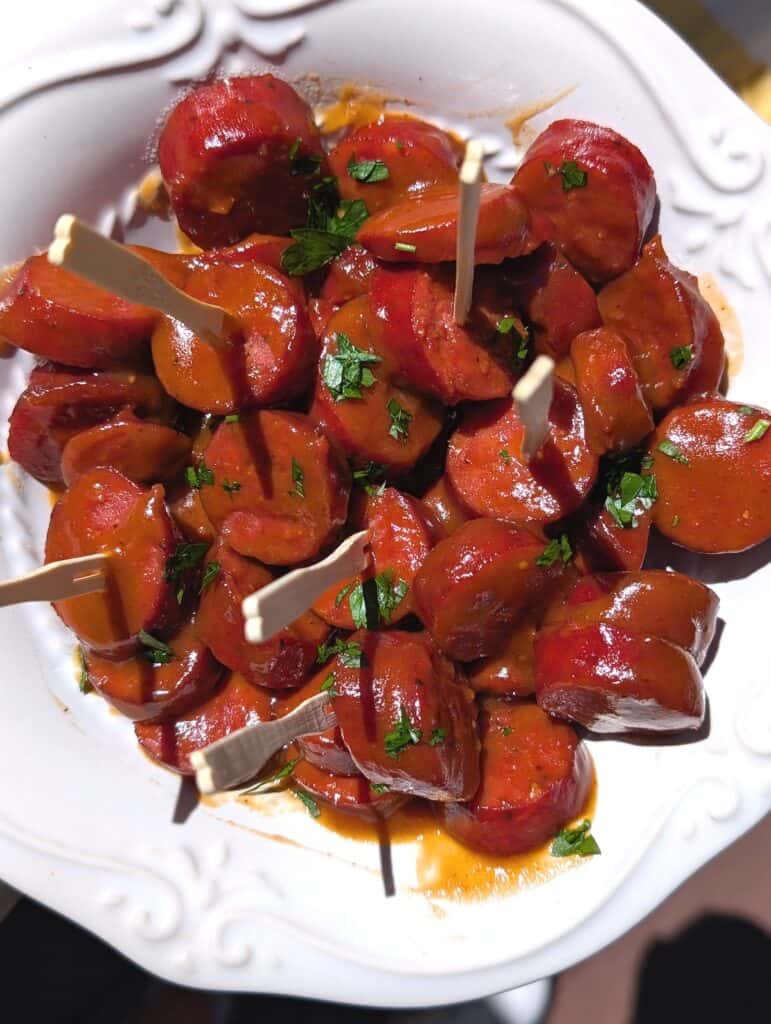 Close up overhead shot of BBQ Smoked Sausage Bites Appetizer