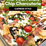 crispy potato chip caprese salad with cherry tomatoes, fresh basil, balsamic glaze, and mozzarella cheese