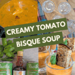 Four-panel image showing the key steps for making the appetizer: Cans of tomato bisque, a bottle of Calabrian chili oil, a pot of soup simmering with melting goat cheese, and the final soup shooters garnished with toast and basil.