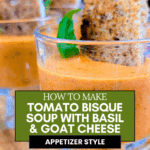 close up of Appetizer-style creamy tomato basil bisque in small glasses.