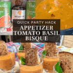 ingredients and final presentation for a quick party hack recipe: Canned tomato bisque, chili oil, goat cheese, basil and a finished appetizer of creamy tomato basil bisque served in small glasses.