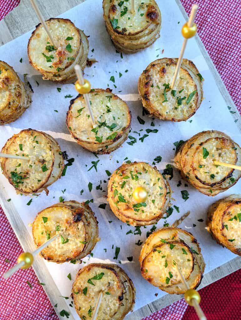 overhead shot of finished garlic & parmesan crispy potato stacks 