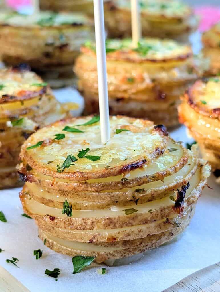 close up of garlic & parmesan crispy potato stacks 