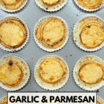 An overhead photo of a muffin tin filled with nine individual servings of partially baked, layered potato slices in their liners, glistening with butter or oil. Text overlay reads: "Garlic & Parmesan Potato Stacks in Muffin Tins."