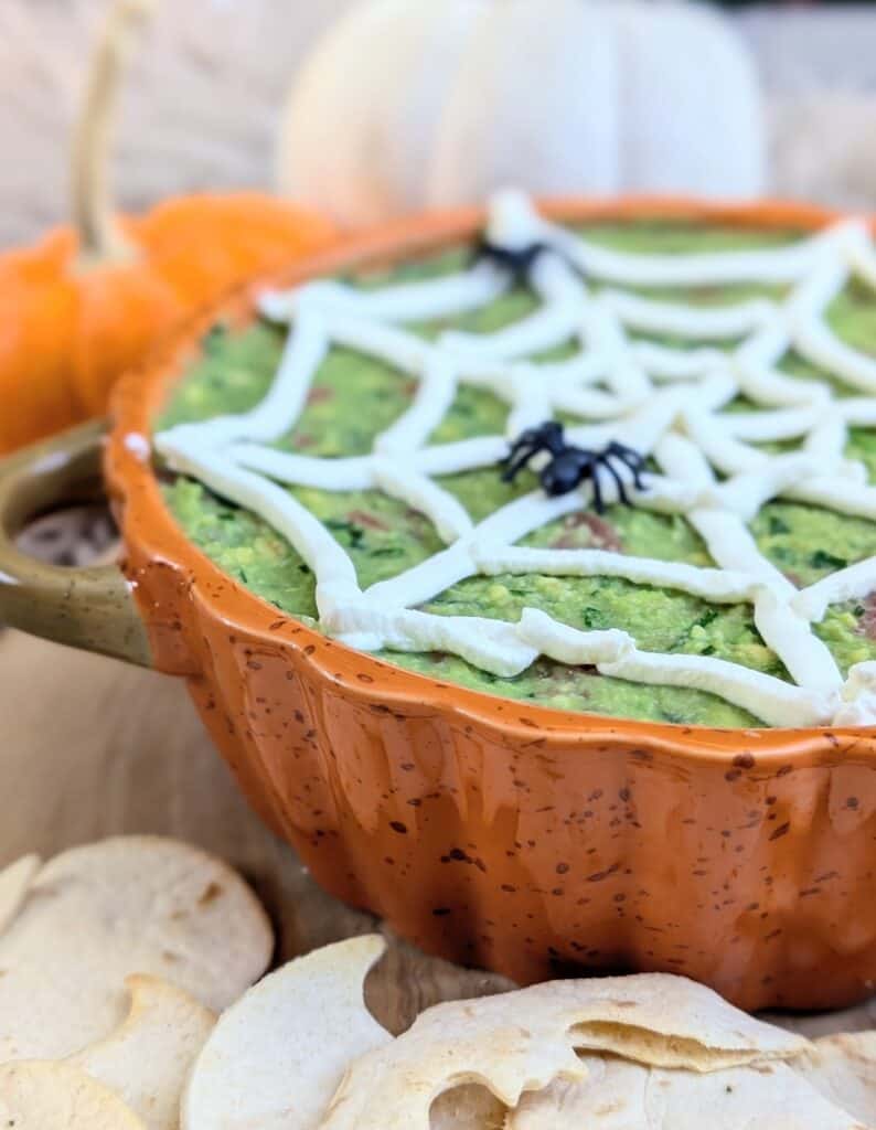 close of up assembled Halloween Guacamole with Spooky Chips