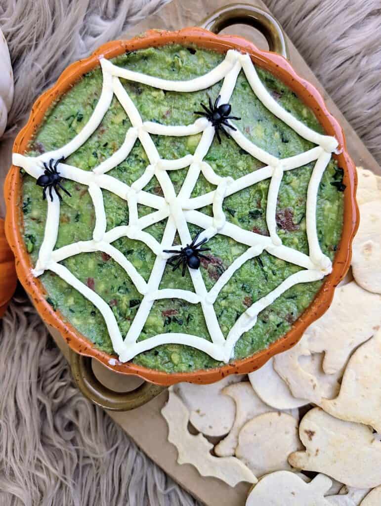 overhead finished shot of The Ultimate Halloween Guacamole with Spooky Chips