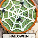 Overhead photo of a Halloween Guacamole Dip served in an orange, pumpkin-shaped dish. The dip is decorated with a spider web design made from sour cream or cheese and topped with three plastic spiders. Spooky, cutout tortilla chips are around the edge. Text overlay reads: "Halloween Guacamole Dip with Spooky Tortilla Chips."