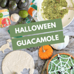 A four-panel collage illustrating the Halloween Guacamole recipe: the top panels show the ingredients (avocados, lime, tomato, garlic) and the mixed guacamole; the bottom-left shows a tortilla being cut with pumpkin and bat cookie cutters; the bottom-right is the final spider web guacamole with spooky chips. Text overlay reads: "Halloween Guacamole."