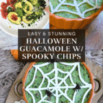 A collage showing the process of making Halloween guacamole: top-left is avocados and fresh ingredients being mashed; top-right is the spider web being piped onto the dip; bottom is the finished pumpkin-shaped bowl of spider web guacamole with spooky chips. Text overlay reads: "Easy & Stunning Halloween Guacamole w/ Spooky Chips."