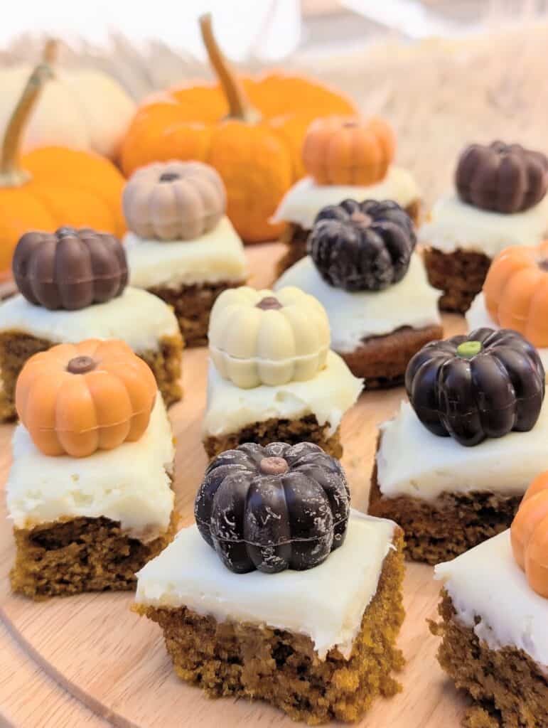 mini cake bites with pumpkin candy topping