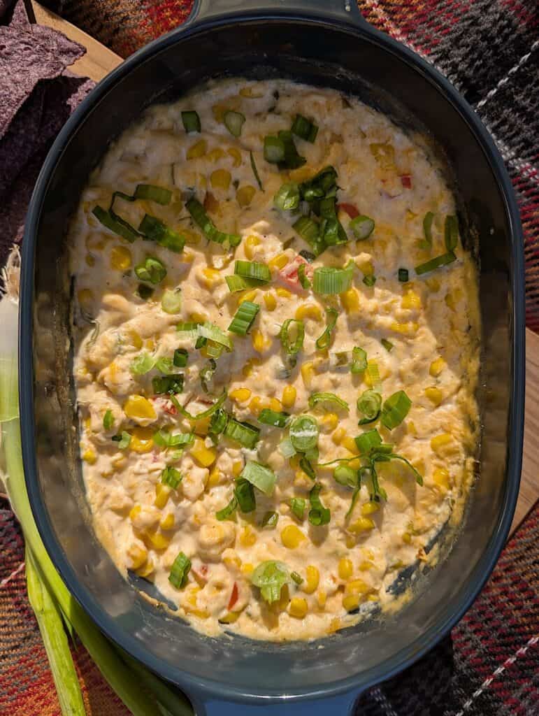 overhead shot of finished Easy Creamed Corn Dip Recipe 