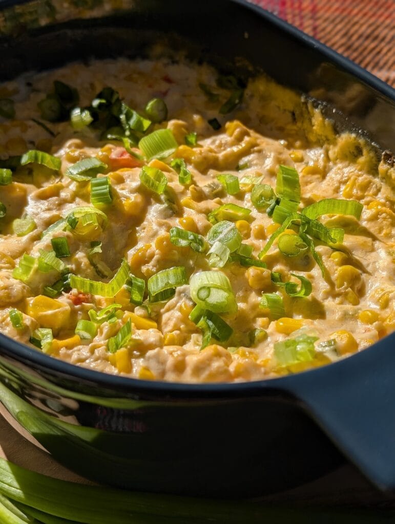 Close up of baked Creamed Corn Dip 