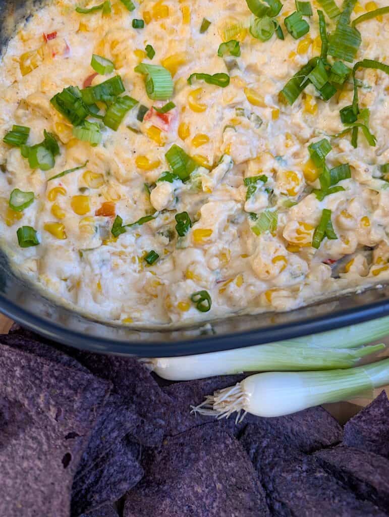 close up overhead shot of Easy Creamed Corn Dip Recipe with Cream Cheese