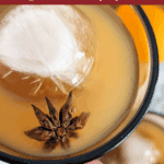 A hand holding a glass of iced Fireball Apple Cider cocktail, which is garnished with a star anise and a large ice sphere. The image is a close-up, focusing on the garnish and the rich amber color of the drink. Text overlay reads: "how to make Fireball Apple Cider a big batch cocktail for parties."