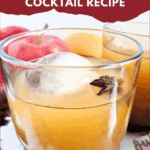 Close-up of a glass tumbler containing an iced Fireball Apple Cider cocktail with a large round ice cube and a star anise garnish. Red apples are visible in the background. Text overlay reads: "easy & delicious Fireball Apple Cider Cocktail Recipe."