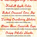 A digital image featuring a stylized "Friendsgiving Menu" in red cursive text listing six items and their ingredients: Fireball Apple Cider, Baked Creamed Corn Dip, Turkey Cranberry Sliders, Green Bean Casserole Cups, Crispy Potato Stacks, and Warm Cinnamon Apple Bread.