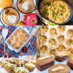 A collage featuring six photos of easy Friendsgiving party food. The images include two cocktails with star anise, a baked corn dip in a black dish, baked Turkey Cranberry Sliders, individual Green Bean Casserole Cups, stacked Crispy Potato Stacks on skewers, and small loaves of Warm Cinnamon Apple Bread. The text reads "FRIENDSGIVING MENU IDEAS: 6 EASY PARTY RECIPES."