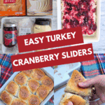 A collage of four images: (Top Left) Ingredients including a bag of King's Hawaiian Sweet Rolls, Cornbread Stuffing Mix, Jarred Cranberry Sauce, and Mayonnaise. (Top Right) A baking dish with a layer of turkey mixture topped with cranberry sauce. (Bottom Left) The finished baked sliders in a white dish. (Bottom Right) A hand pulling a baked slider apart. The text on the image reads "EASY TURKEY CRANBERRY SLIDERS."