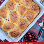 A white baking dish of baked turkey cranberry sliders with poppy seeds, resting on a plaid blanket, with a fork and a small bowl of fresh cranberries beside it. The text on the image reads "HOW TO MAKE HOLIDAY SLIDERS, TURKEY & CRANBERRY."