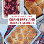 A collage of three images: (Top Left) A turkey base layer topped with a thick layer of cranberry sauce in a white baking dish. (Top Right) A hand brushing the tops of the slider buns with a glaze before baking. (Bottom) The finished, baked sliders in a white dish next to a spatula and fork. The text on the image reads "EASY & DELICIOUS CRANBERRY AND TURKEY SLIDERS."