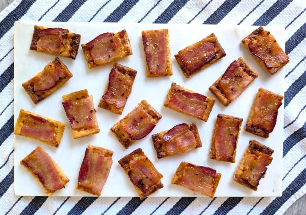 Easy Candied Bacon Crackers Recipe with Maple Syrup overhead shot on a platter